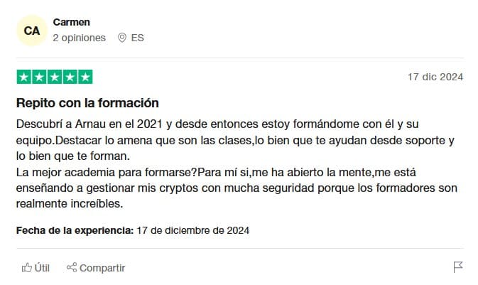 Opinión de alumnos Crypto Heroes Pro dejada en Trustpilot por una mujer llamada Carmen