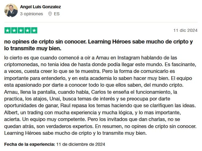 Opinión extensa de alumno del curso Crypto Heroes Pro en Trustpilot 