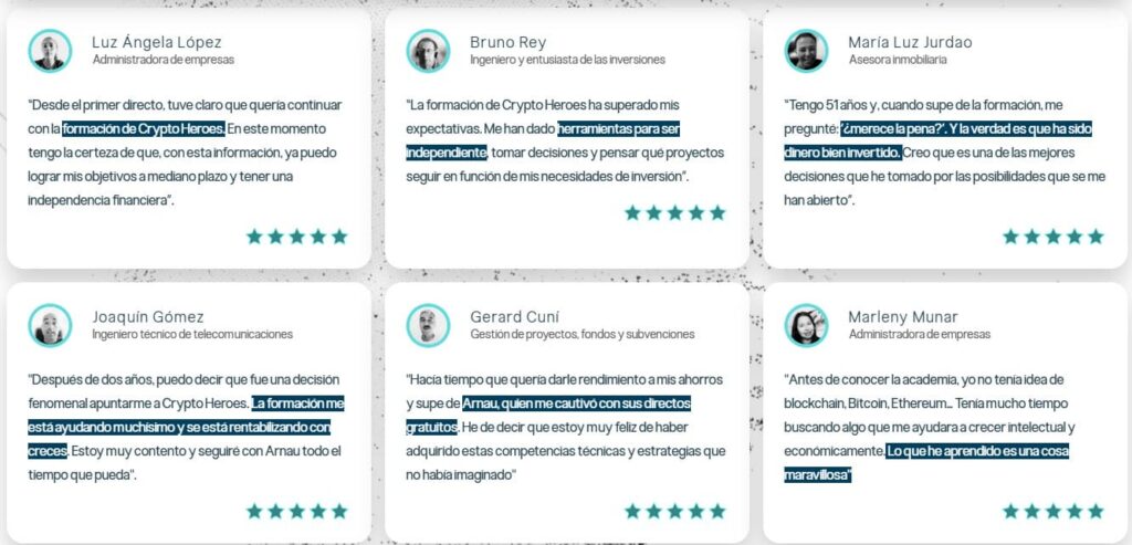 Conjunto de testimonios de alumnos de Crypto Heroes Pro mostradas en la web de Learning Heroes