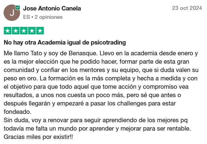 Opinión escrita en trustpilot por Jose Antonio Canela, alumno de