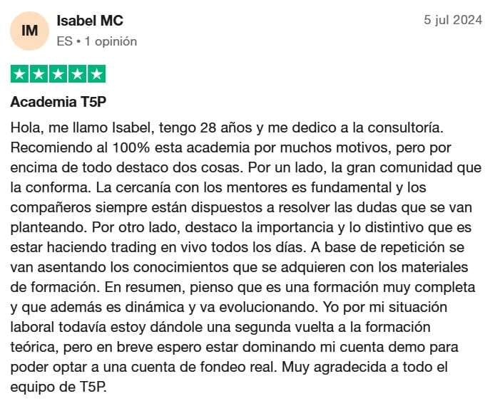 Opinión escrita en trustpilot por Isabel MC, alumna de Jorge GPSO