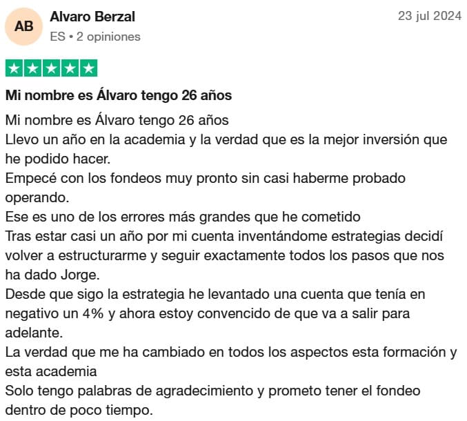 Opinión escrita en trustpilot por Alvaro Benzal, alumno de Jorge GPSO