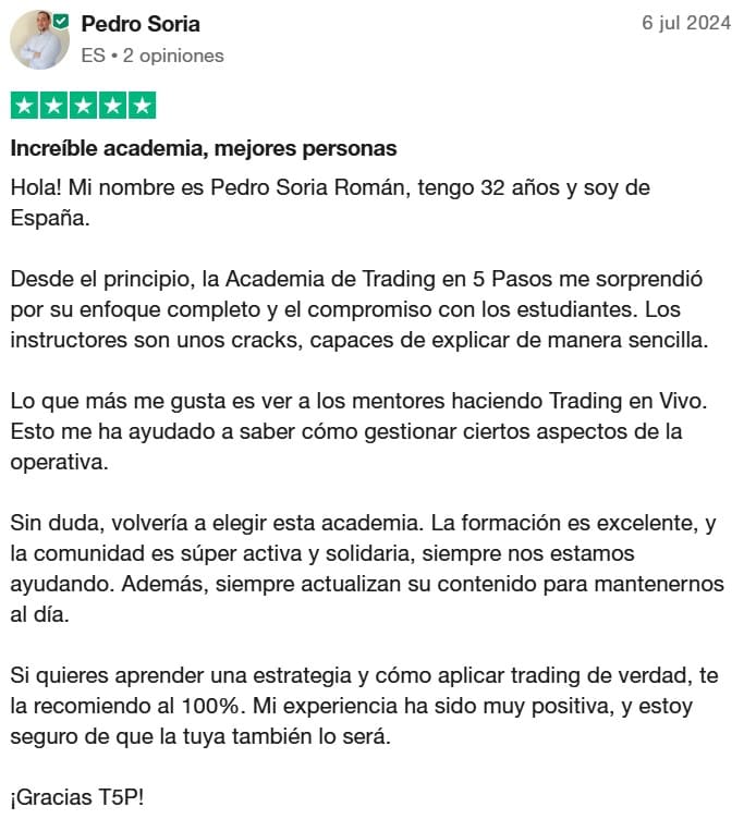 Opinión escrita en trustpilot por Pedro Soria, alumno de Jorge GPSO